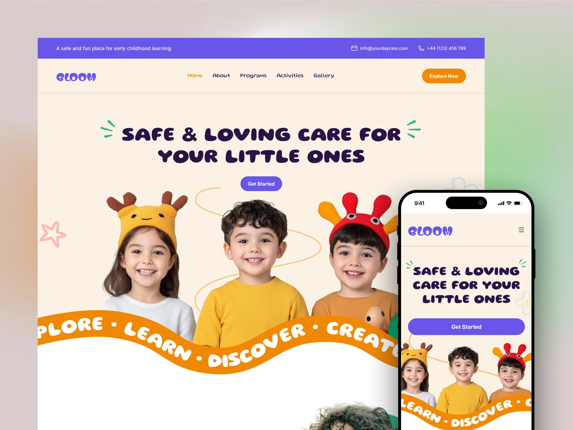 Childcare website design on desktop and mobile with smiling children and playful purple and orange graphics