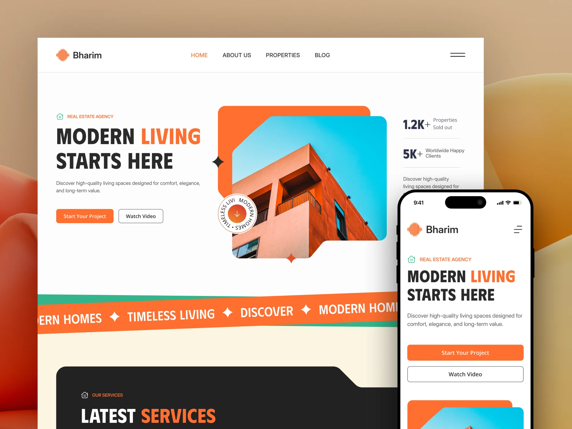 Real estate website design on desktop and mobile with an orange building and bold Modern Living headline