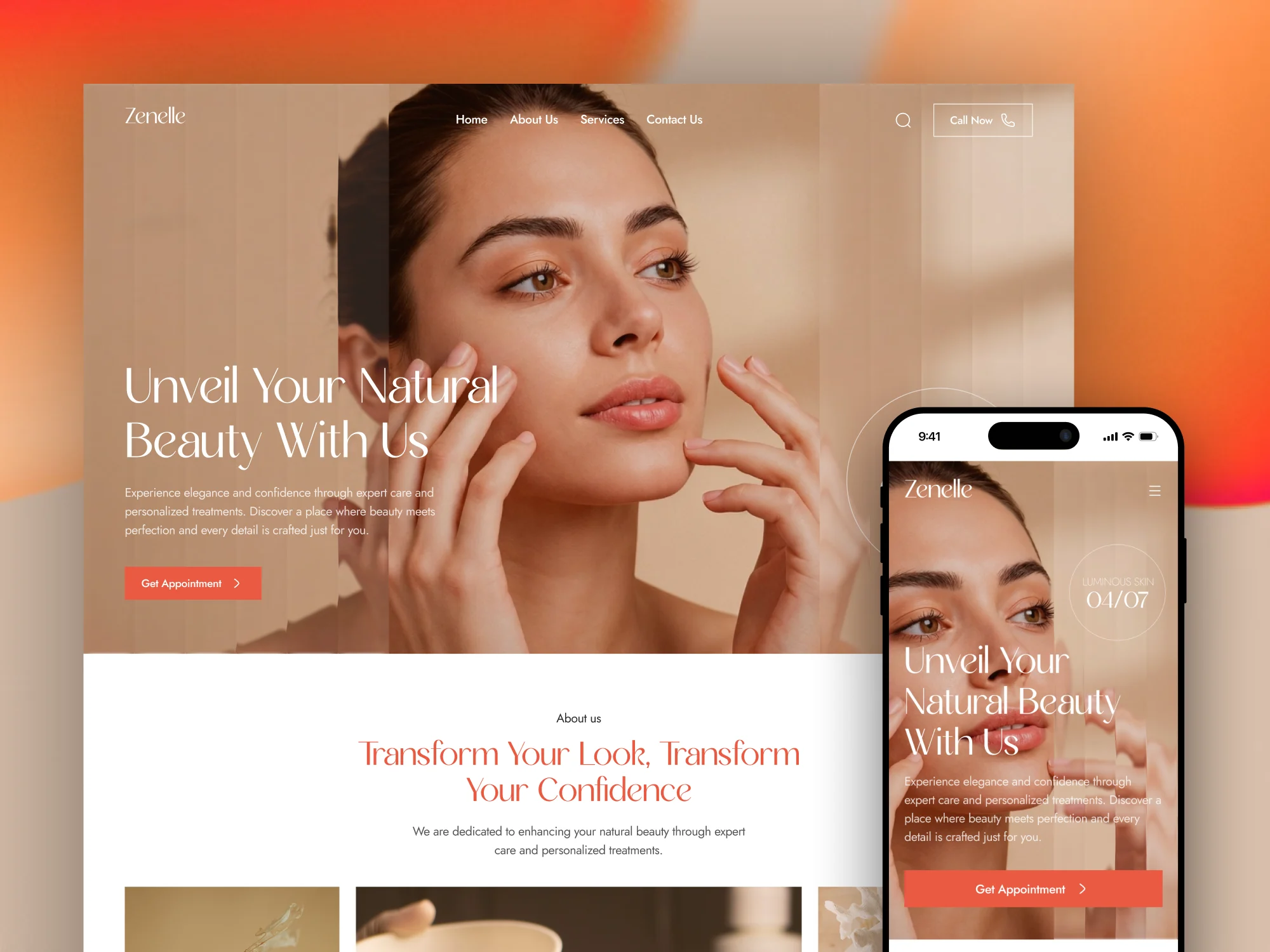 Beauty and skincare website design on desktop and mobile with warm portrait photography