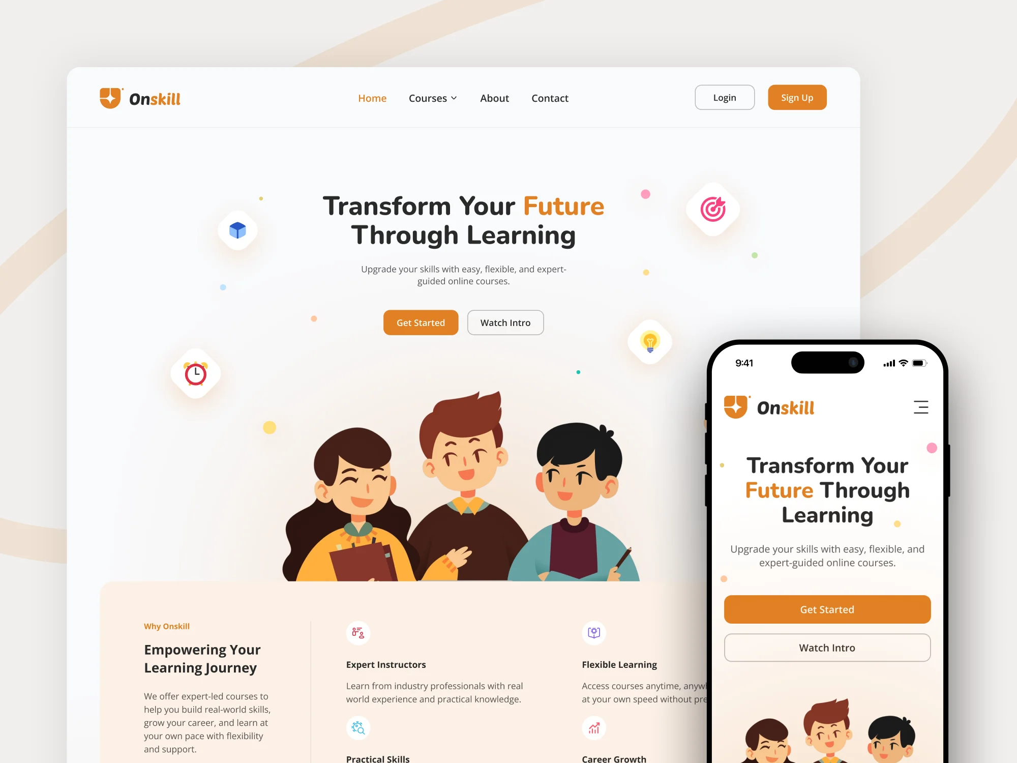 Education website design on desktop and mobile with illustrated students and orange accents