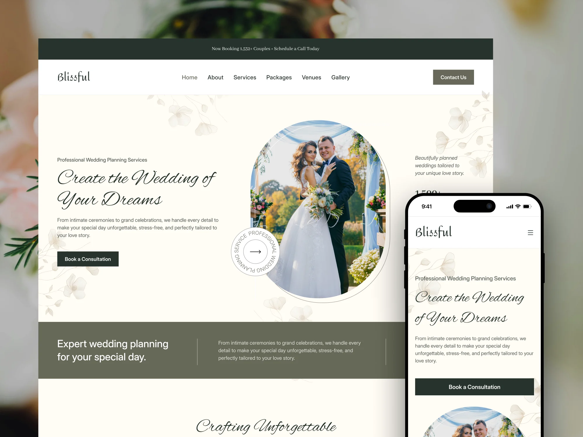 Wedding planning website design on desktop and mobile with soft neutral palette and couple photography