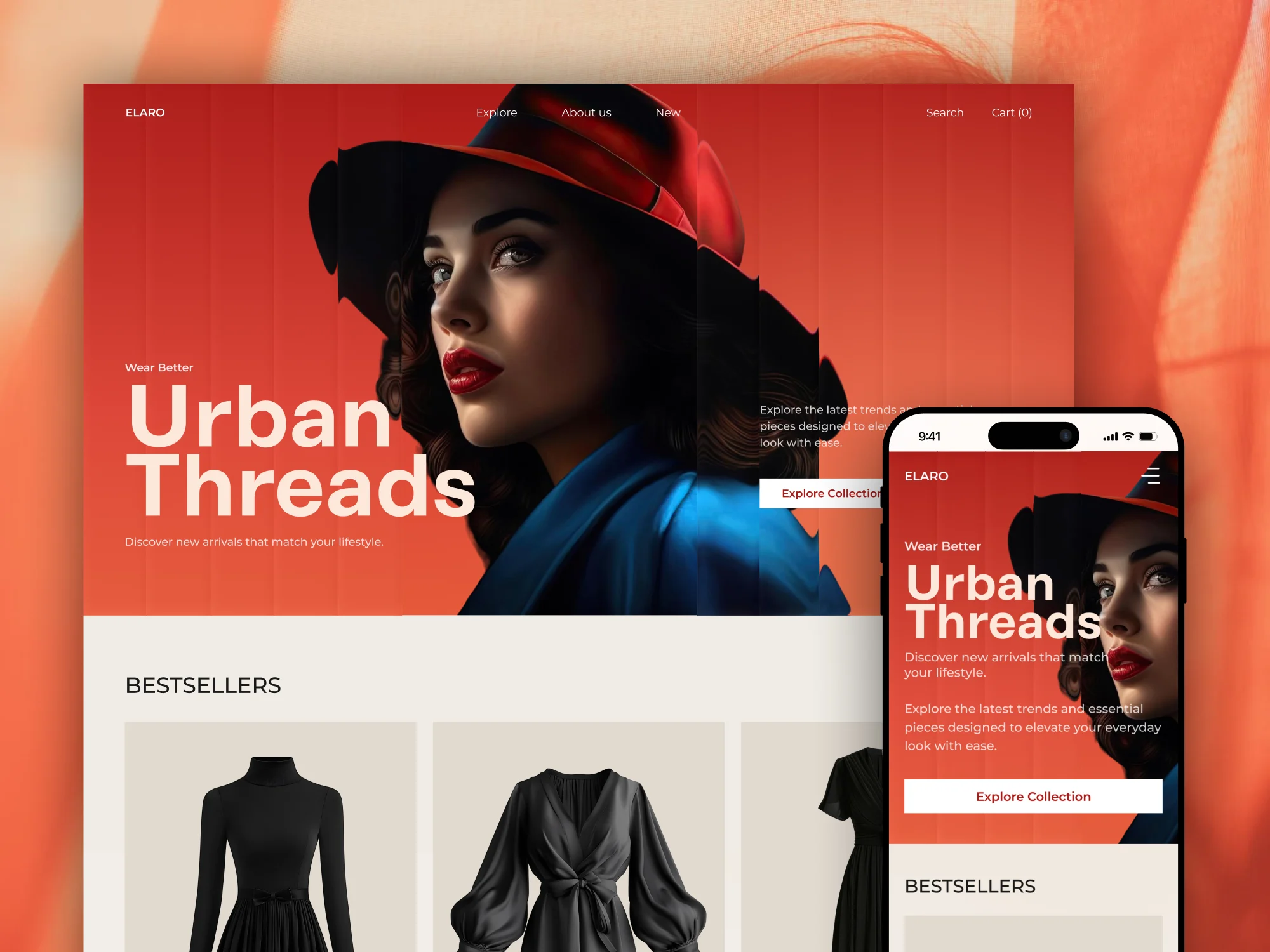 Fashion store website design shown on desktop and mobile, with a red campaign hero and bestsellers row