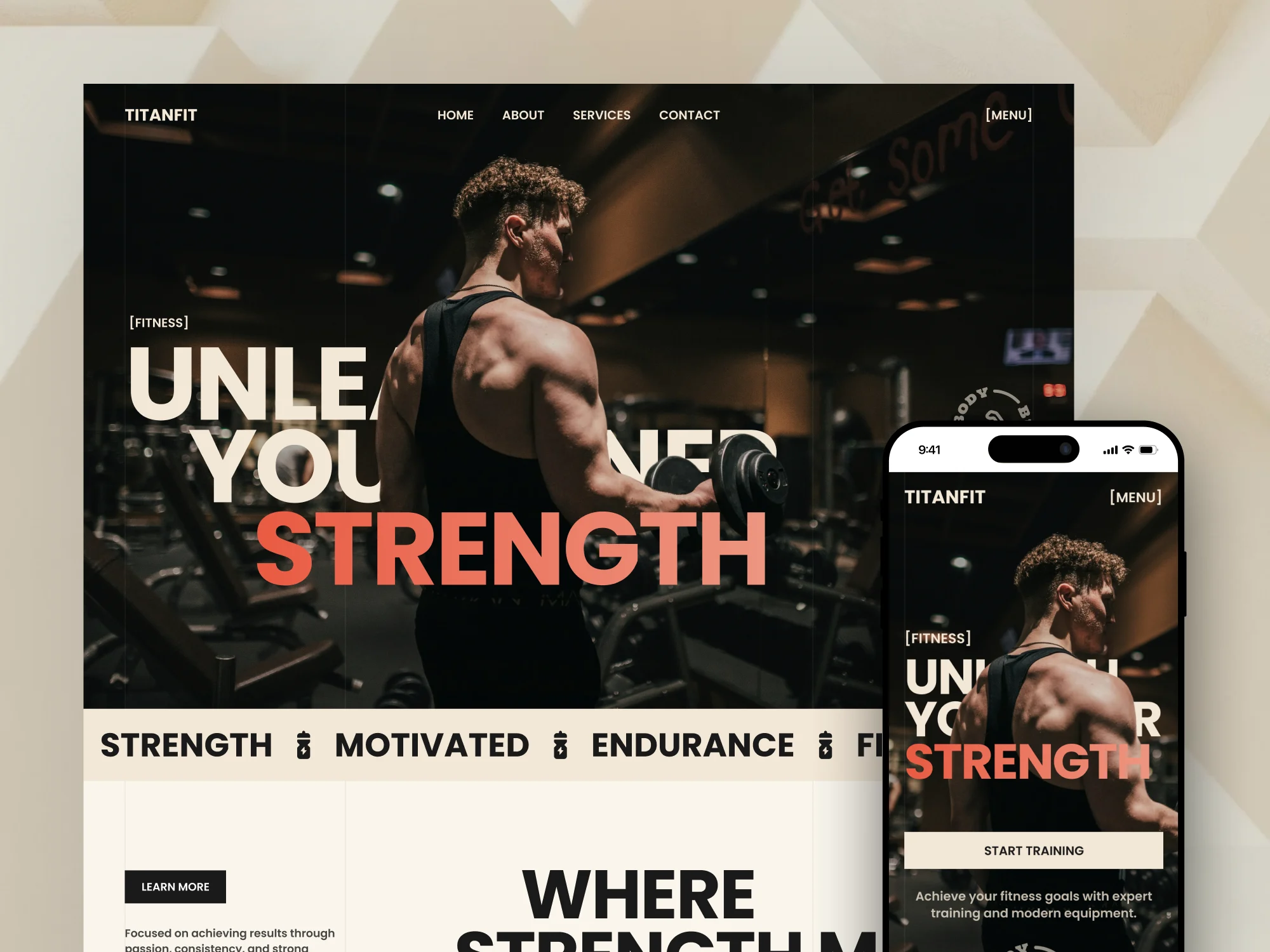 Fitness website design on desktop and mobile with dark athletic imagery and large Strength headline