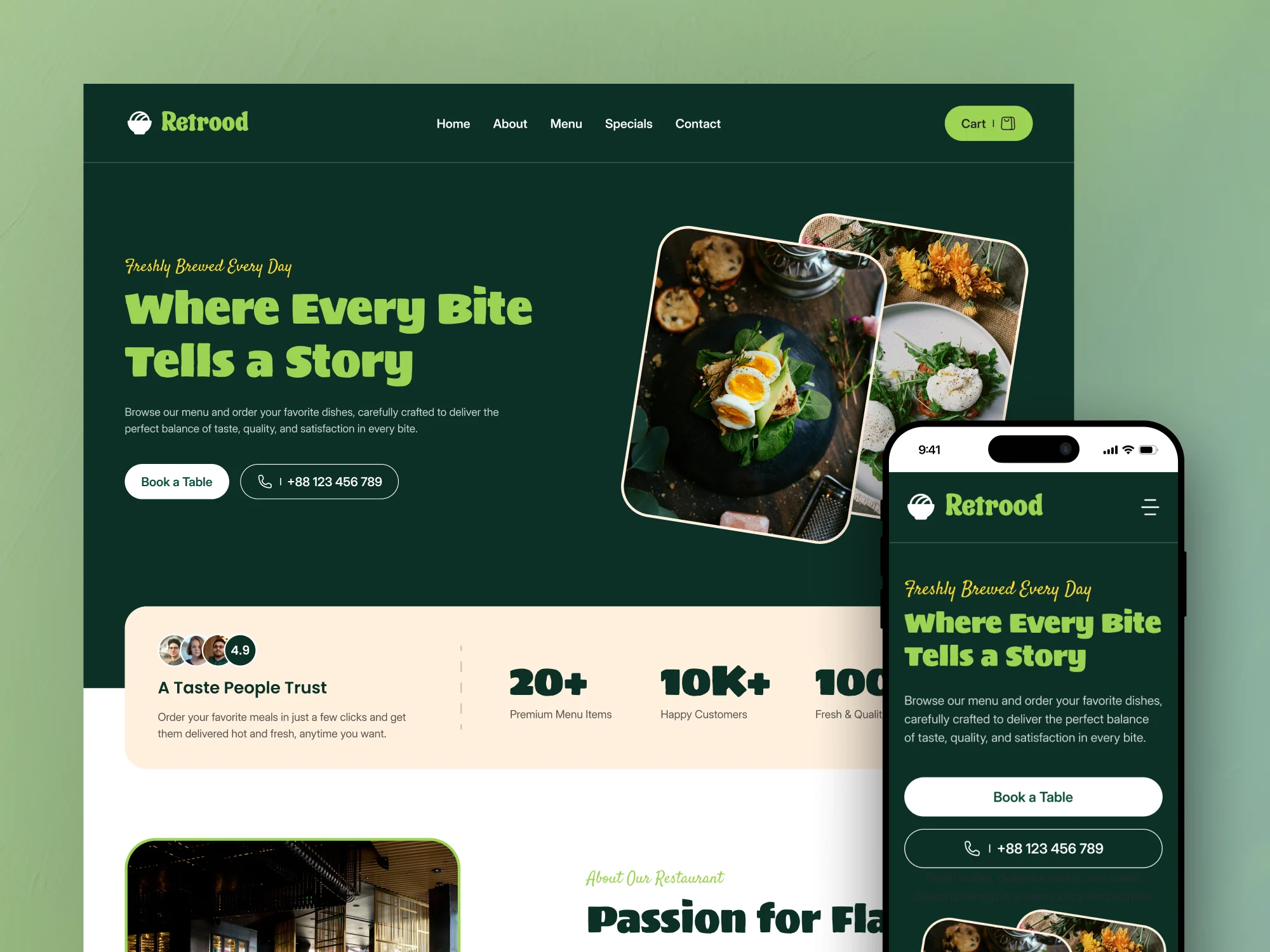 Restaurant website design on desktop and mobile with dark green palette and plated food photography